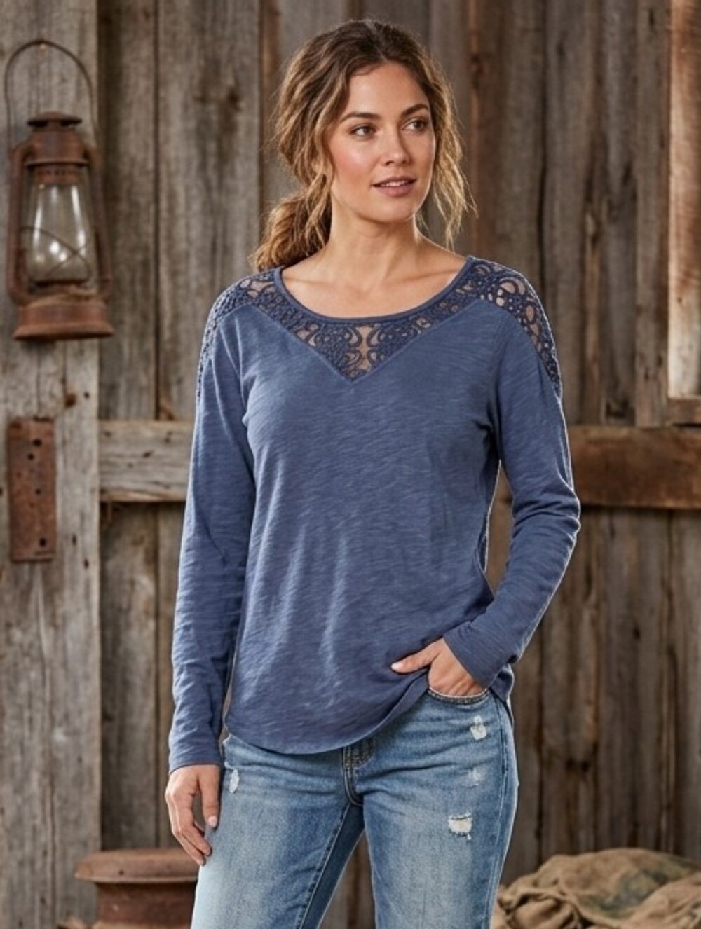 Maurices Long Sleeve Knit Top With Lace Inset